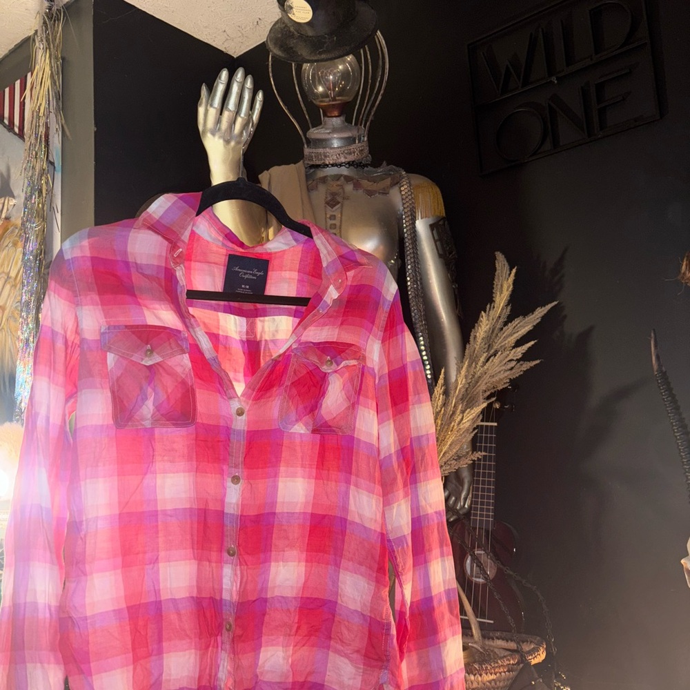 American Eagle Outfitters Pink Plaid Shirt